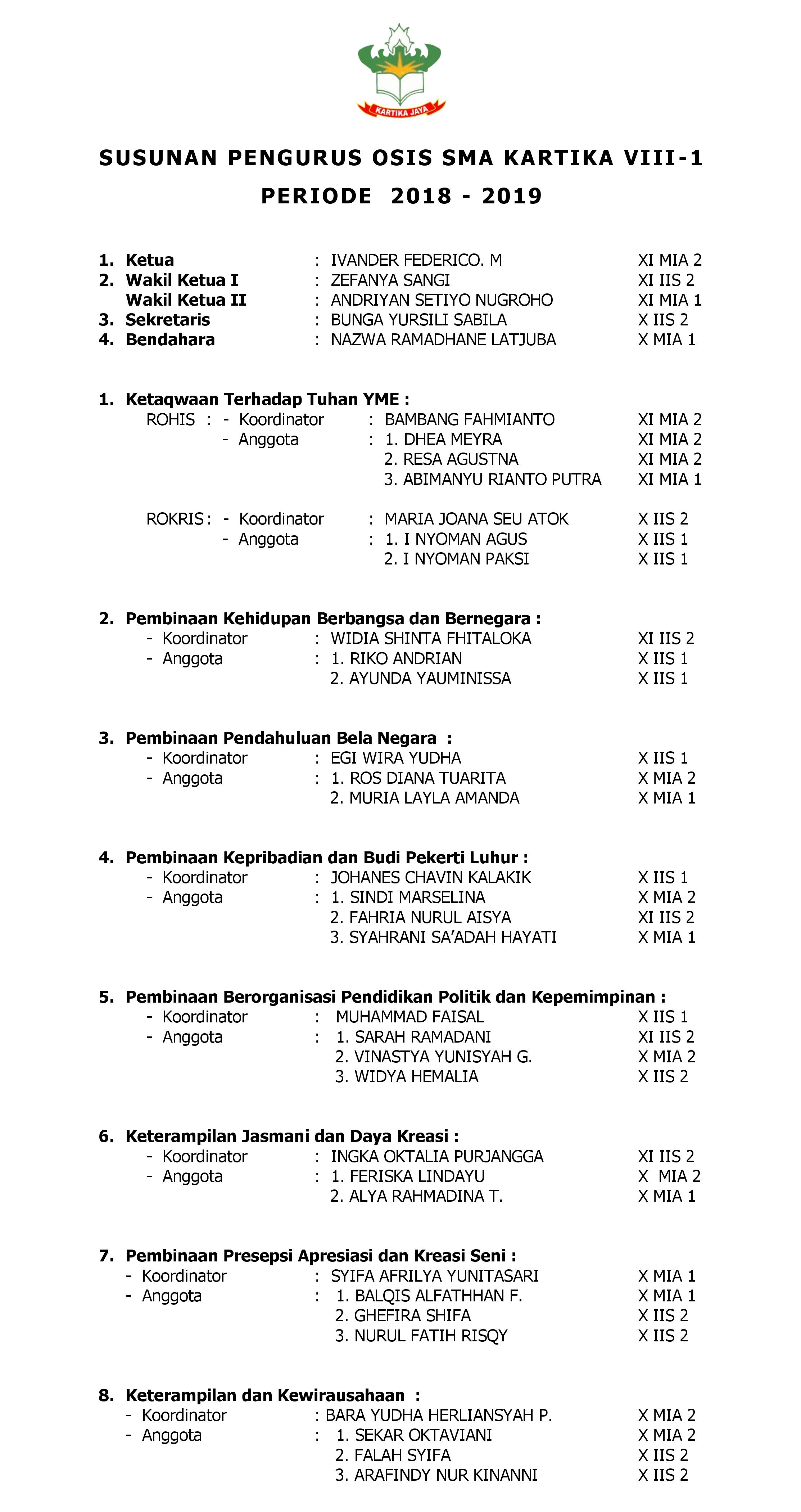 sma kartika 81 susunan pengurus osis 2018 2019